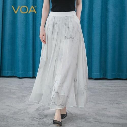 VOA Silk Pleated Skirt Georgette Gray Gradient Printing and Dyeing Back Zipper Office Lady Long Fairy Pleated Skirts Womens CE37