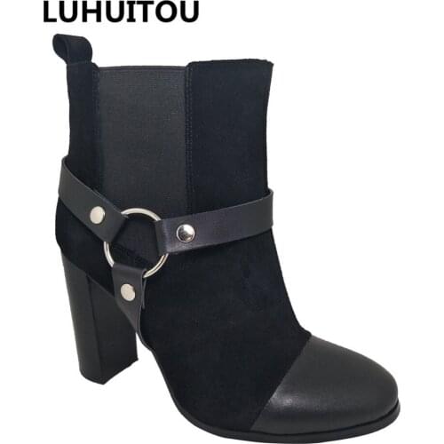 Women`s winter genuine leather boots quality suede fringe ankle boots casual cowboy boots rivet motorcycle shoes elastic boots