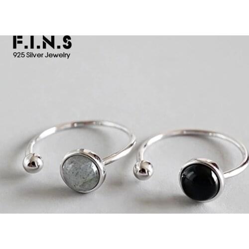 F.I.N.S Woman Fashion Rings 2019 Geometry Ball Black Ring with Stone 925 Sterling Silver Rings for Women Open Adjustable Ring