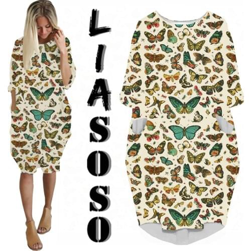 LIASOSO Animal Insect Butterfly Print Clothing Summer Fashion Sexy Lady Dress Long Sleeve Prom Dress Loose Multi-Pattern Skirt