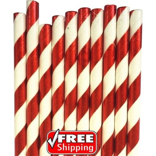 200pcs Red Foil Striped Paper Straws-Novelty Christmas New Year Holiday Colored Party Decor Retro Drinking Paper Straws Bulk