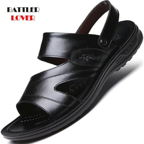 2019 Summer Men Sandals Genuine Leather Summer Shoes Mens Beach Sandals Flat Genuine Cow Leather Male Black Formal Sandal 38-48