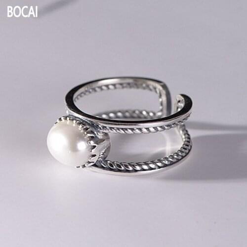 BOCAI New Real Pure S925 silver woman ring fashion jewelry retro matte double-circle weave pattern freshwater pearl ring