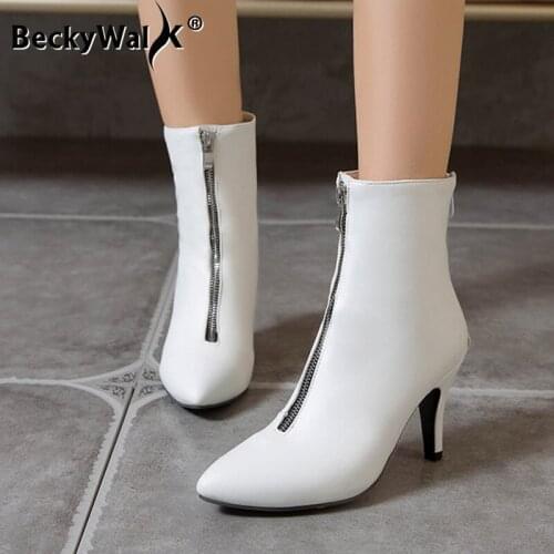 Winter Solid Front Zipper 8CM High Heels botas mujer Ankle Boots Shoes New Arrival Pointed Toe Boots Women Shoes Woman WSH3693