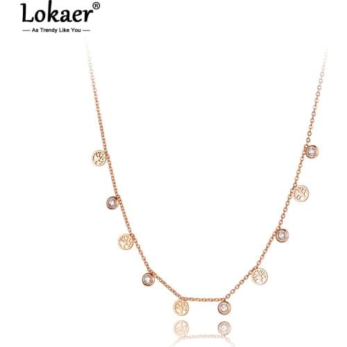 Lokaer Original Design Trendy Tree Plant Pendant Necklace For Women Stainless Steel CZ Crystal Link Chain Choker Necklace N20132