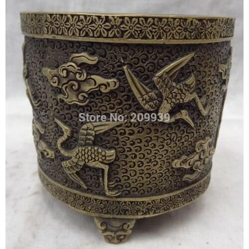 Huij 006669 Chinese Bronze Crane Statue Literati Pencil Vase Brush Barrel Pot Holder