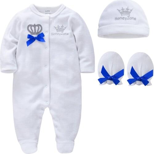 Kavkas Baby Boys Girl Rompers With Hat Gloves Long Sleeve Cartoon Crown Velvet Infant Jumpsuit Overalls Toddler Onesies Outfit