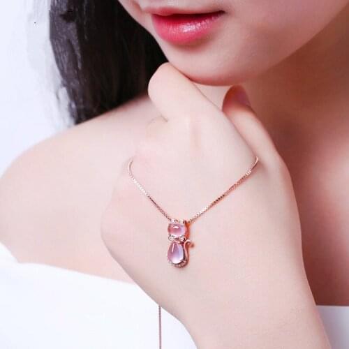Fashion High Quality Natural Opal Stone Crystal Pink Crystal Cat Lovely Pendants Necklace For Women jewelry Gift Drop Shipping