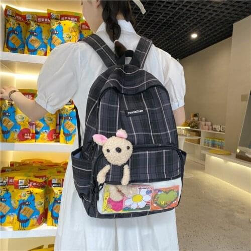Fashion Womens Backpack Nylon Waterproof Plaid Schoolbag For Girls Cute Doll Large-capacity Travel Backpacks 2021