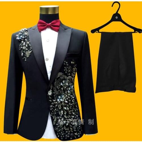 Men black suits designs stage costumes for singers men embroidered sequin blazer dance clothes jacket star style dress punk