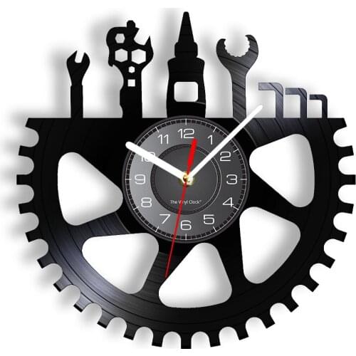 Machine Repairing Themed Vinyl Record Wall Clock Mechanic Tools Parts Repairment Cogwheel Retro Wall Watch Repair Shop Art Decor