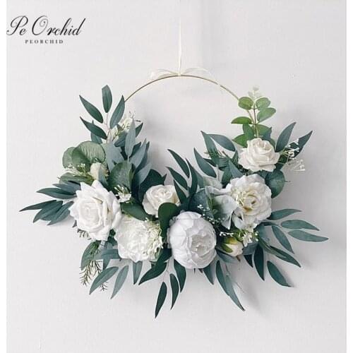 PEORCHID White Peony Hoop Wedding Bouquet Boho Customized Eucalyptus flowers Door Decorative Wreath Bridesmaid Bouquet Ring