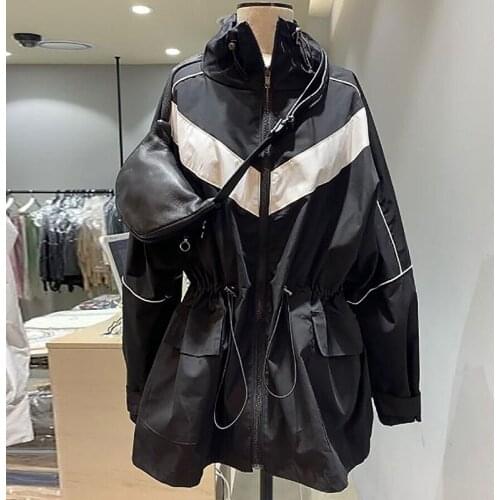 Autumn Winter Loose Fashion Stand-up Collar Korean Dongdaemun Color Matching Drawstring Waist Casual Windbreaker плащ женский