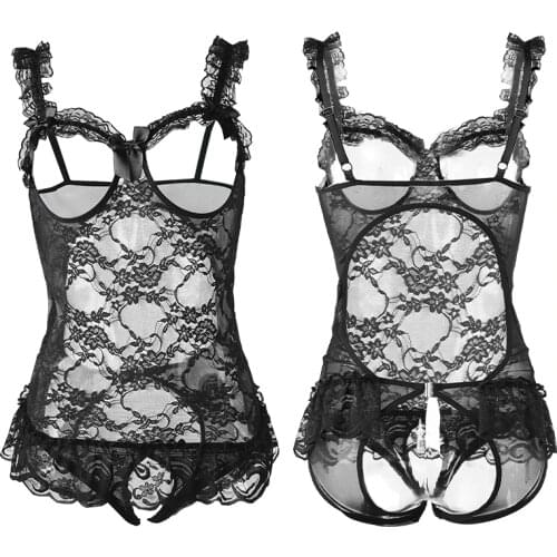 S - XXXL Plus Size Lingerie Women Sexy Lace Transparent Bodysuit Hollow Out Open Bra Underwear Nightwear Crotchless Sex Clothes