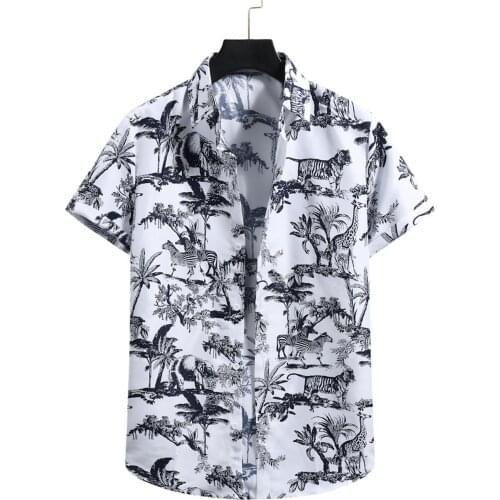Camisas Masculinas Men Hawaii Shirt 2021 Summer Linen Casual Palm Tree Printed Short Sleeve Lapel Shirt Blouse Chemise Homme