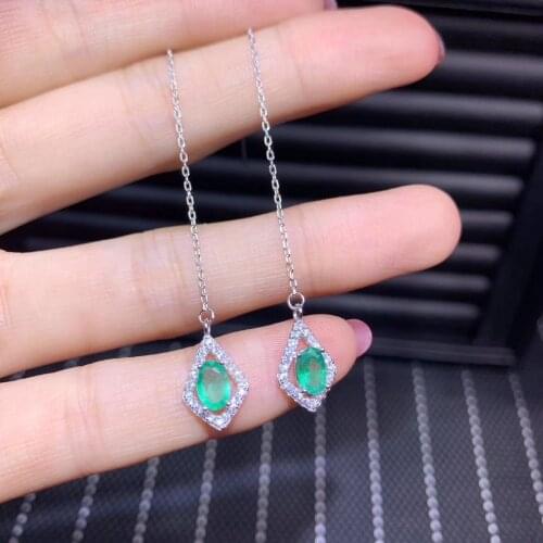 Simple fashion rhombus Ear line natural green Emerald drop earrings Natural gemstone earrings S925 silver girl gift jewelry