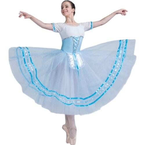 All For Dance Chiffon Puff Sleeves Pale Blue Spandex Top Bodice 360° Tulle Romantic Dress For Ballet Girls&Women Show