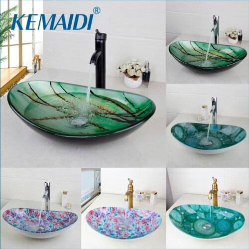 KEMAIDI New Bathroom Basin Tap Washbasin Tempered Glass Mixer Hand-Painted Bath Brass Set Bathroom Vessel Faucet ORB Black Taps