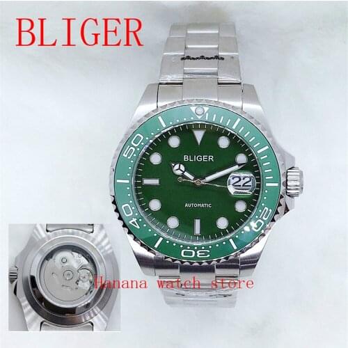 Solid BLIGER 43mm green dial sapphire glass ceramic bezel date magnifier NH35/MIYOTA Automatic movement mens watch men