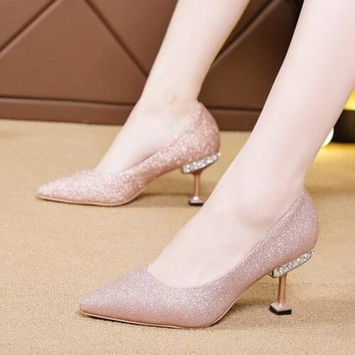 Crystal Heels Pumps Women Wedding Shoes Bridal Silver Pointed Toe Bling High Heels Ladies Sequined Cloth Boat Shoes Black 8518G