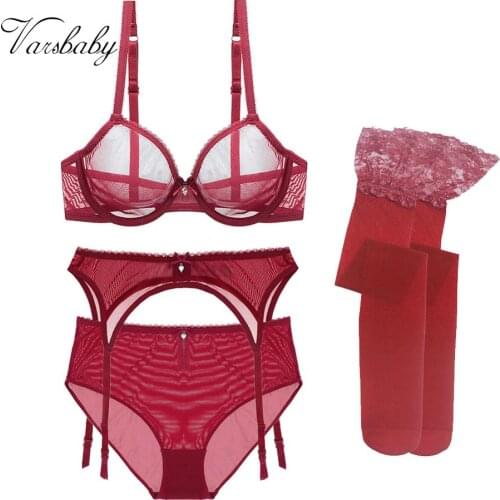 Varsbaby 4Pcs/Lot Sexy Underwire Bra Set Bra+Garter+High-Rise Panties+Stockings Lingerie Set