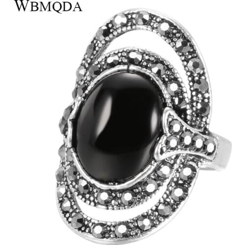 Wbmqda Vintage Big Black Oval Stone Rings For Women Size 7 8 9 10 Antique Silver Color Fashion Jewelry Anel Drop Shipping