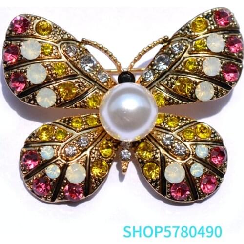 Multi Color Rhistone Elegant Butterfly Brooch for Women Elegant Insect Brooch Pearl Pin Coat Accessory Lady Gift Fashion Jewelry