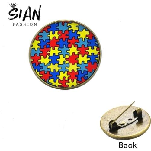 SIAN Autism Puzzle Piece Awareness Symbol Brooch Fashion Colorful Round Glass Pins And Brooches Women Hat Decorative Pin Badge