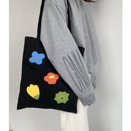 Women Canvas Shopping Bags Flower Printing Shoulder Bags Cloth Girls Eco Reusable Daily Use Handbags Tote