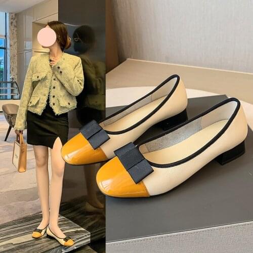 Real Cowhide Womens Single Shoes 2021 Spring and Autumn Shallow Mouth Low Heel Color Matching Casual Womens Shoes