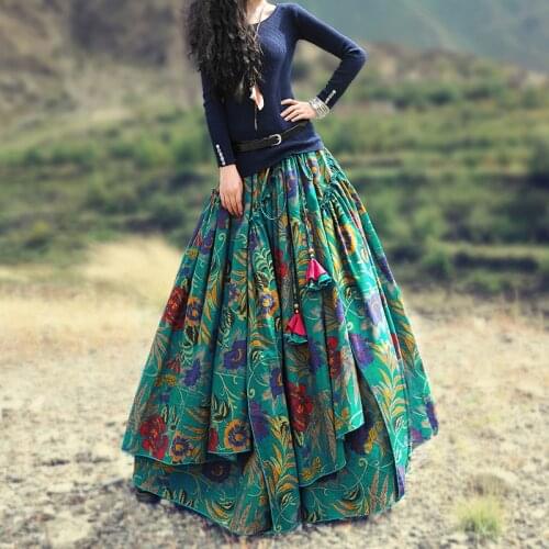 Women Cotton Linen Printed Elastic Waist National Style Skirts Ladies Print Floral Skirt Female 2021 Cotton Flax Skirts