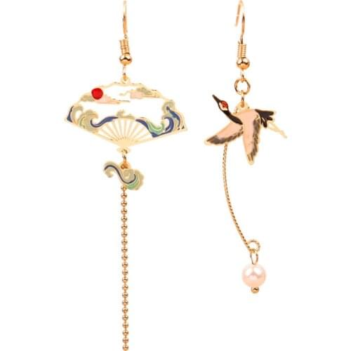 12 pair / lot fashion jewelry accessories thin metal enamel crane bird fan earrings for women