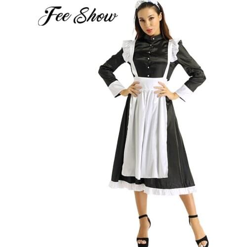 Women Adults Maid Cosplay Costume Outfit Clubwear Long Sleeves Front Button Down Long Maxi Fancy Dress with Apron and Headpiece