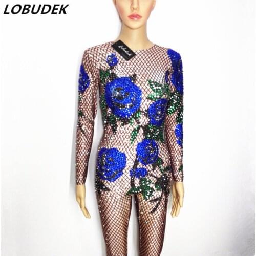 Female costume Blue Rose Crystals sexy Jumpsuit singer Dancer nightclub show DJ Costumes Party Celebration performance Rompersw
