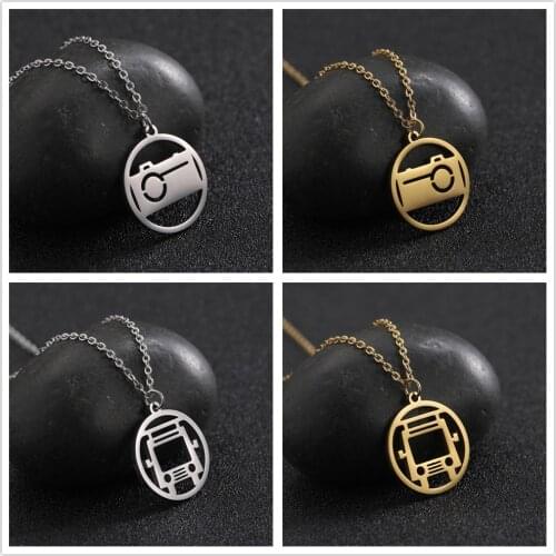 Skyrim Fashion Camera Bus Round Pendant Necklace Women Stainless Steel Gold Color Chain Necklaces Fashion Jewelry Female Gift