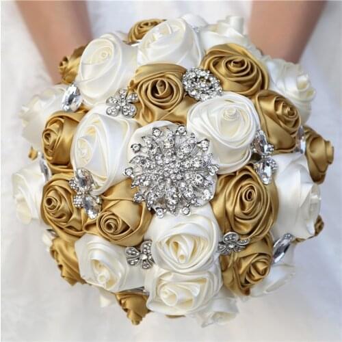 20cm Wedding Bridal Gold Ivory Bouquet Silver Diamonds Mariage Bouquets Bridesmaid Holding Ivory Stain Rose Flowers Party W573