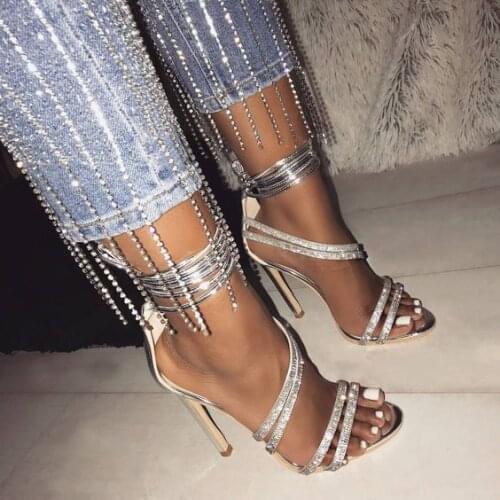 Shining Crystal Narrow Band Ankle Strap Sandals Bling Bling Jewelry Lace Up Thin High Heel Sandals Sexy Ladies Banquet Shoes