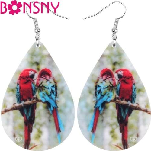 Bonsny Acrylic Teardrop Red Blue Macaw Parrot Bird Earrings Animal Drop Dangle Jewelry For Women Girl Teens Kids Charm Gift Bulk