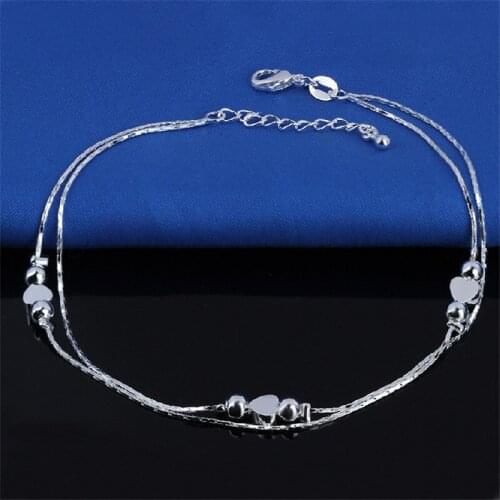 Womens Girls Retro Cute Double Beads And Small Heart Anklets Foot Chain Fashion Jewelry BL0182