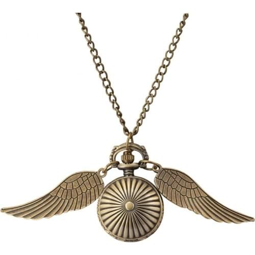 Bronze Retro Ball Shaped Quartz Pocket Watch Mini Cute Polished Sweater Angel Wings Chain Souvenir Necklace Gifts for Child kids