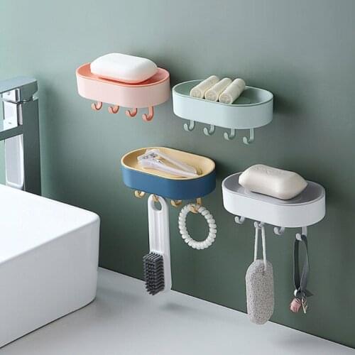 Drain Soap Box with Hooks Wall-Mounted Soap Holder Double-Layer Punch-Free Hanging Soap Rack Case