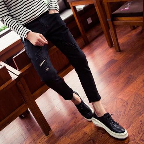 Fashion 2020 Fashion cheap Slim ripped Hole Black white Casual cowboy hip hop Pants Mens Cropped Jeans Original Broken Pants