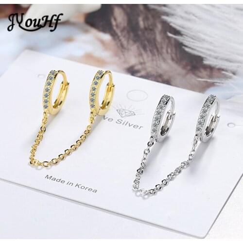 JYouHF 1PC Double Ear Hole Cubic Zircon with Chain Drop Earrings for Women Fashion Gold Silver Color Wedding Earring Jewelry
