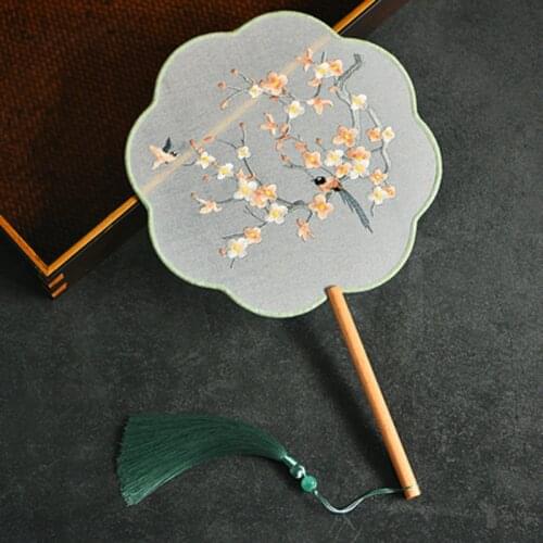 Ancient Style Classical Long Handle Double Sided Embroidery Circular Round Fan Hanfu Chinese Clothing Female Dance Hand Fan