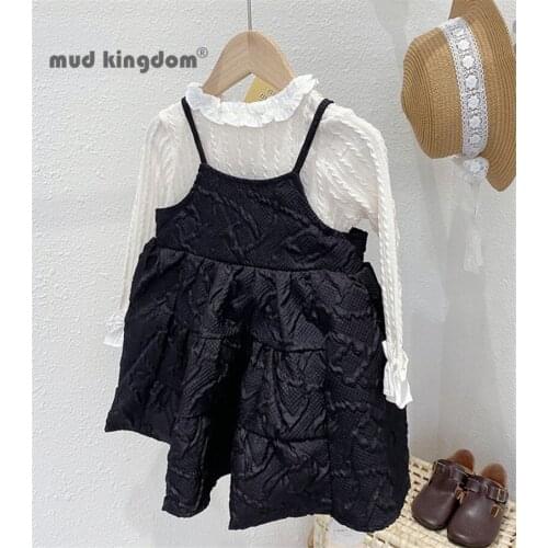 Mudkingdom Girls Dress Set Solid Spring Autumn Long Sleeve Pullover Undershirts Sling Ball Gown Dresses Princess Outfits Sets