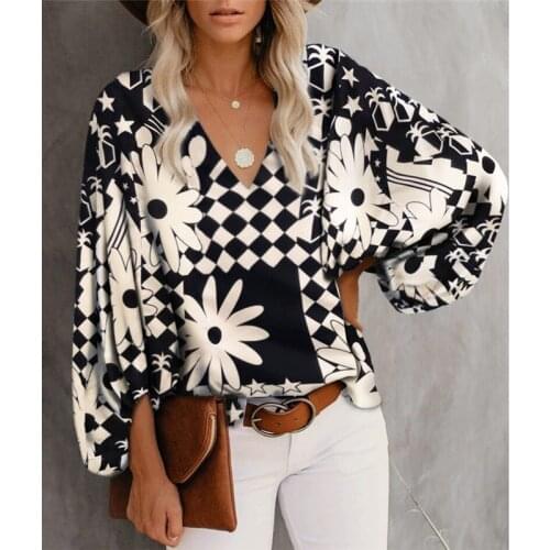 Fashon Printed Tops Lantern Sleeve Loose Casual Office Women Shirt 2021 New Summer V Neck Streetwear Ladies Blouse