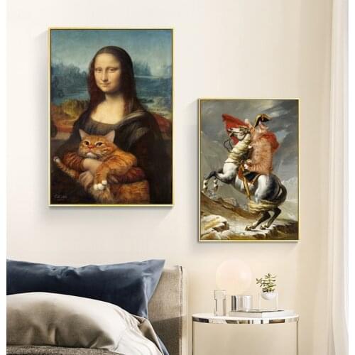 Mona Lisa Funny Famous Wall Paintings Reproductions Portrait with Animal Art Canvas Prints Pictures for Living Room Home Decor