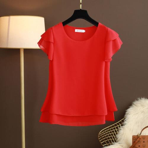 MOYISU Summer Women Chiffon Blouses Plus size 6XL 2021 New Short sleeve Solid Shirts Tops Big Red Blusa de talla grande