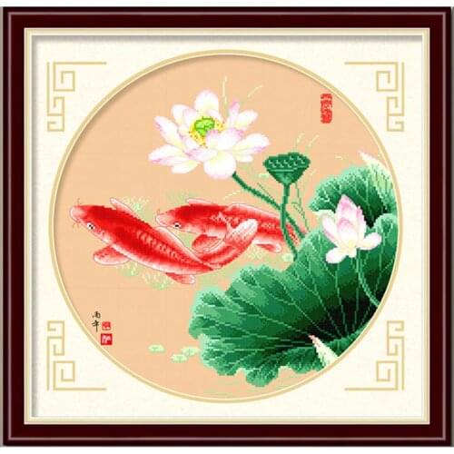 Red Fish Swimming in Lotus Pond Stamped Cross Stitch Kit Embroidery needlework set