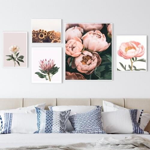 Nordic Wall Art Canvas Painting Scandinavian Pink Flower Peony Sunflower Posters Prints Room Decor Pictures For Home Decoration